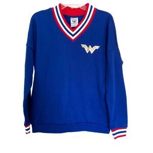 DC Comics Wonder Woman Blue Striped V Neck Retro Pullover Sweater Size XS